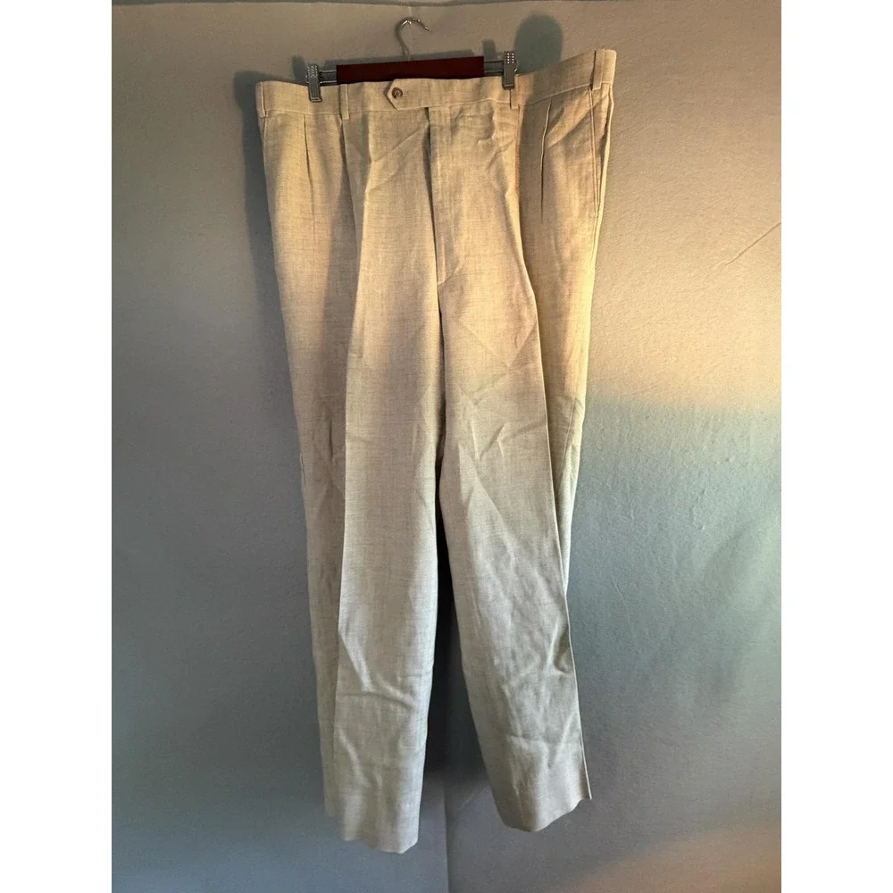 Paul Fredrick Dress Pants Mens 44x31 Beige Linen Blend Classic Pleated Big Tall